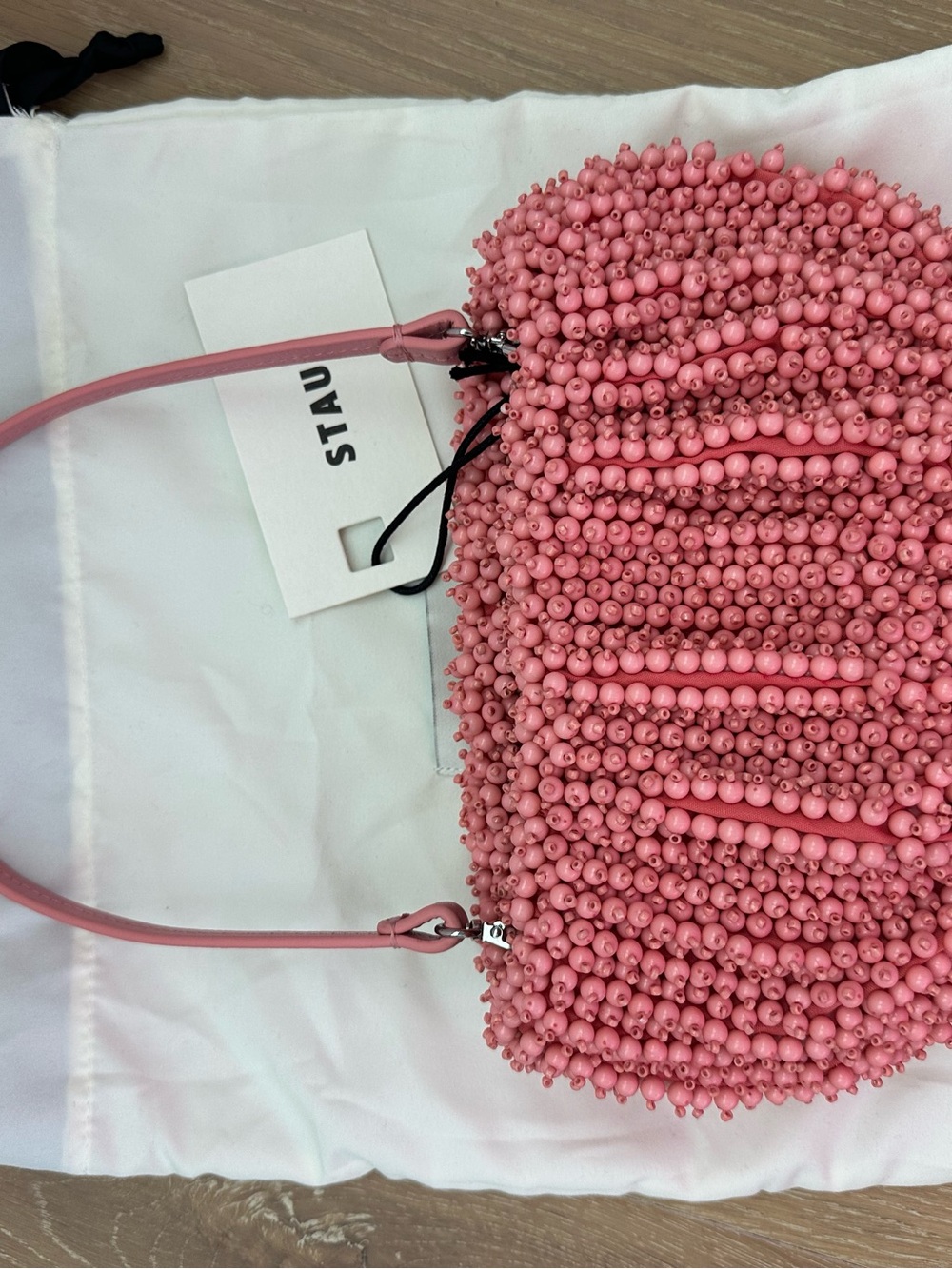 Staud Beaded Bean Bag In Geranium Pink Small Shoulder Bag Clutch Bead Purse - Picture 7 of 8